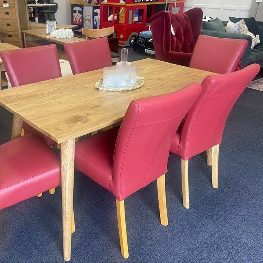 Oak Dining Table 150cm + 6 Torino Full Grain Leather Dining Chair Red Set